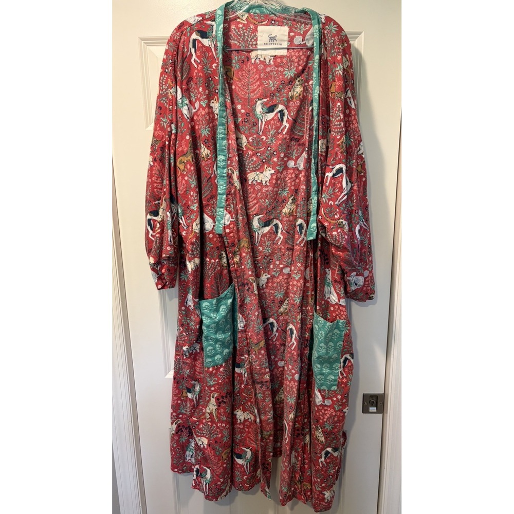 Printfresh Happy Howlidays Flannel Robe in Ruby with a Dog Print 3/4X